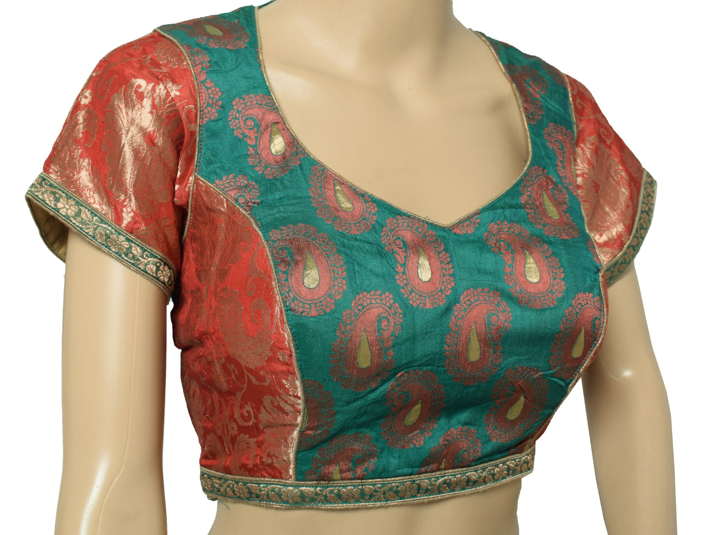 Sushila Vintage Readymade Red Green Sari Blouse Silk Zari Woven Padded Choli 34"