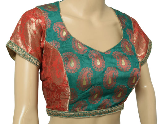 Sushila Vintage Readymade Red Green Sari Blouse Silk Zari Woven Padded Choli 34"