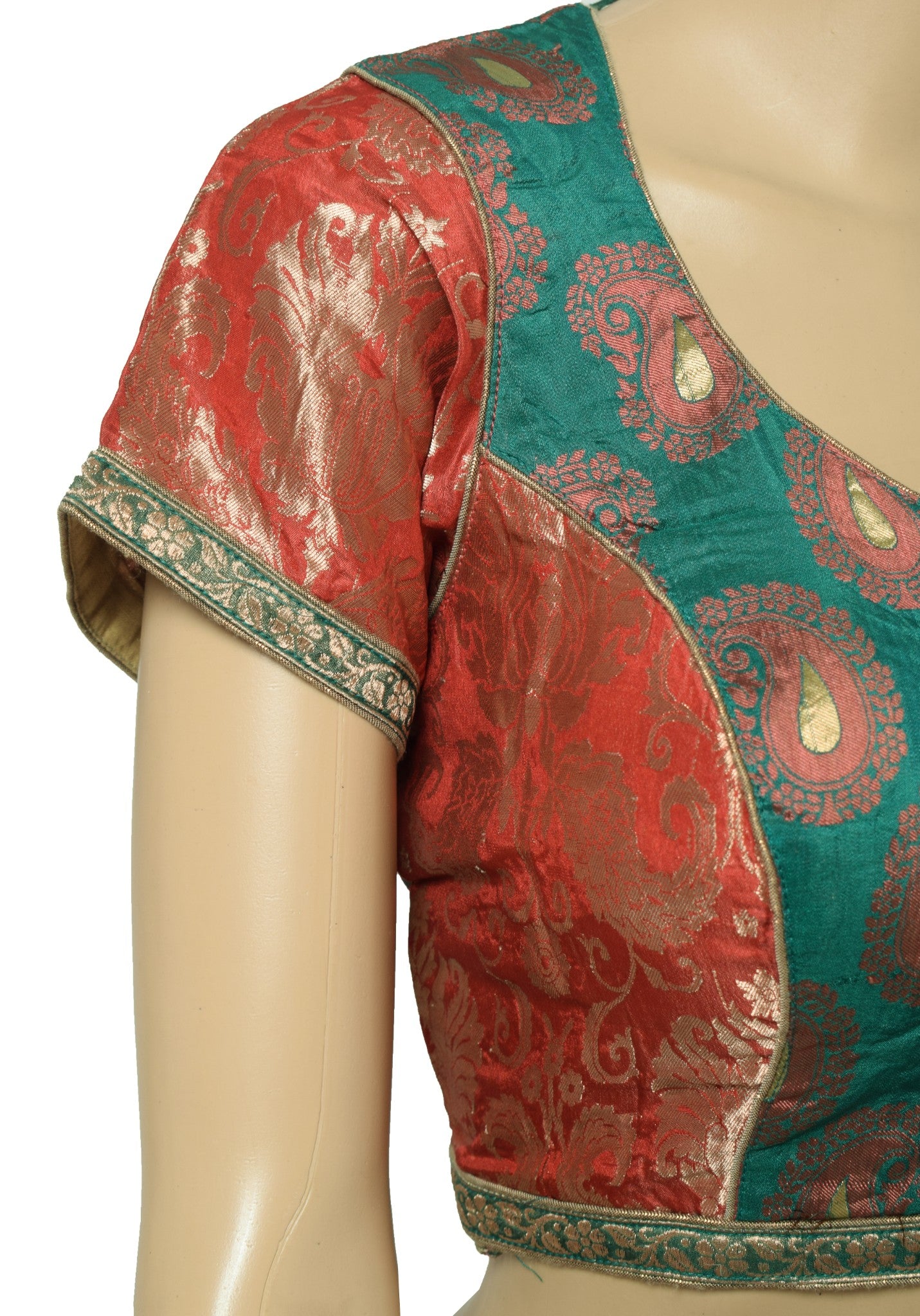 Sushila Vintage Readymade Red Green Sari Blouse Silk Zari Woven Padded Choli 34"