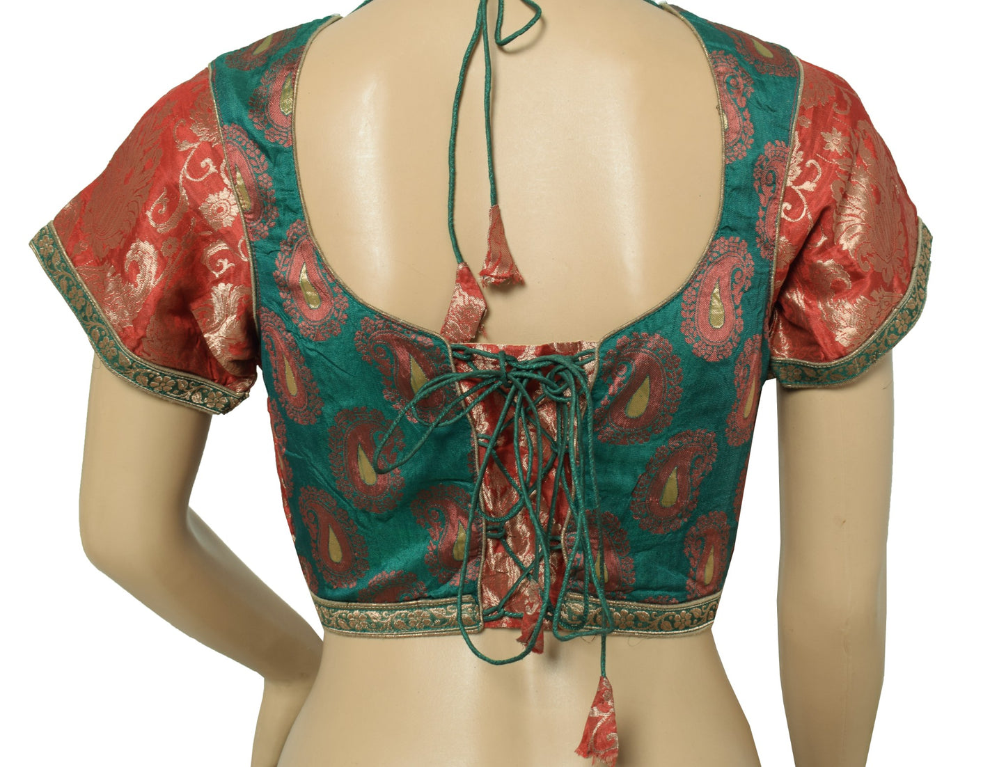 Sushila Vintage Readymade Red Green Sari Blouse Silk Zari Woven Padded Choli 34"
