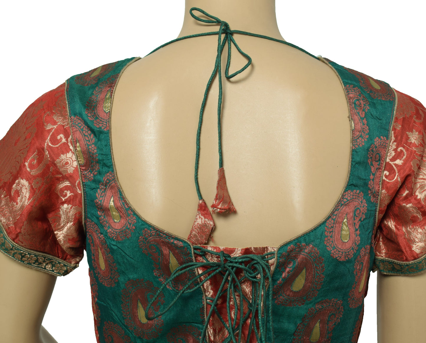 Sushila Vintage Readymade Red Green Sari Blouse Silk Zari Woven Padded Choli 34"
