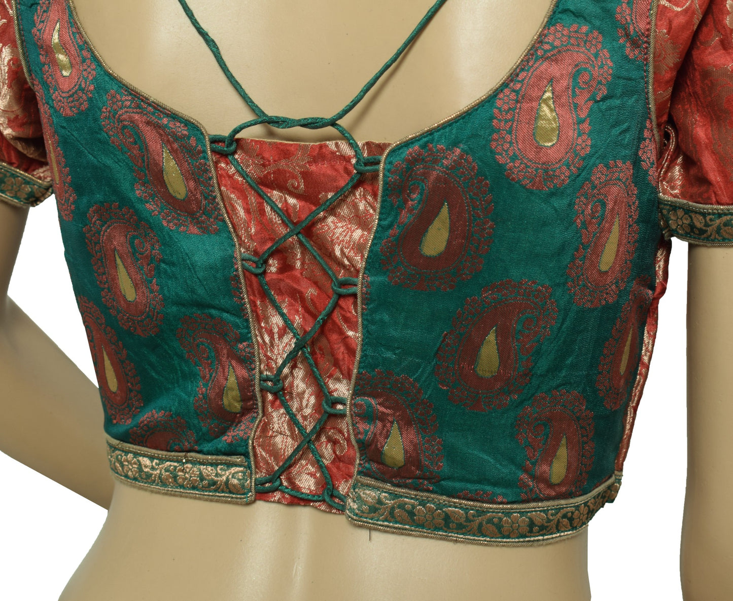 Sushila Vintage Readymade Red Green Sari Blouse Silk Zari Woven Padded Choli 34"