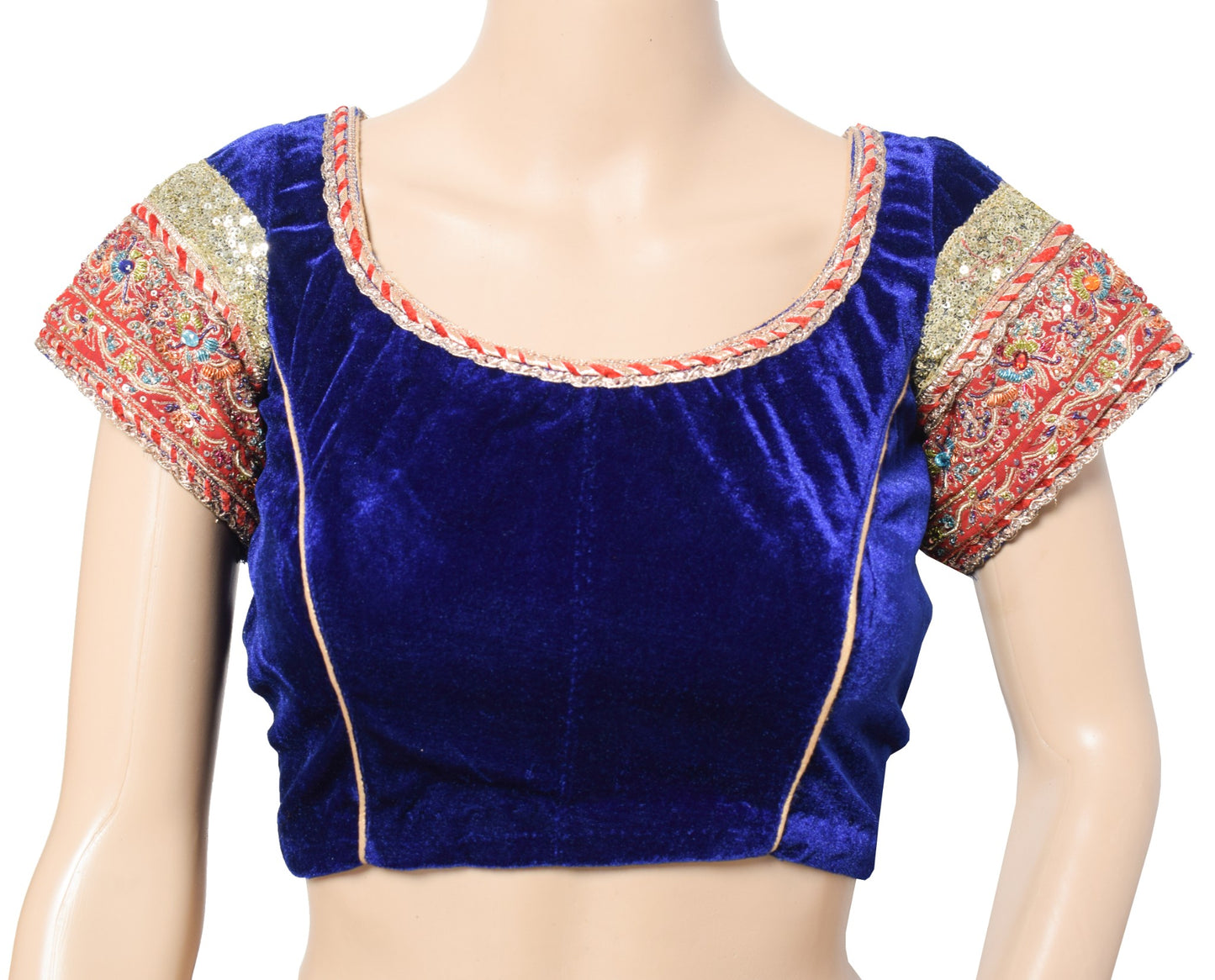 Sushila Vintage Velvet Blue Stitched Sari Blouse Hand Beaded Patch Work Choli34"
