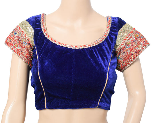 Sushila Vintage Velvet Blue Stitched Sari Blouse Hand Beaded Patch Work Choli34"