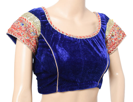 Sushila Vintage Velvet Blue Stitched Sari Blouse Hand Beaded Patch Work Choli34"