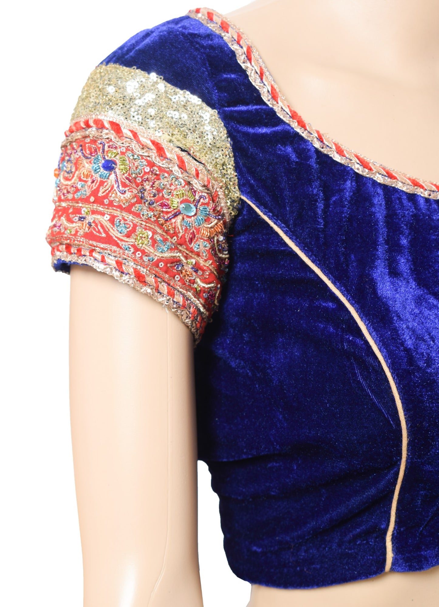 Sushila Vintage Velvet Blue Stitched Sari Blouse Hand Beaded Patch Work Choli34"