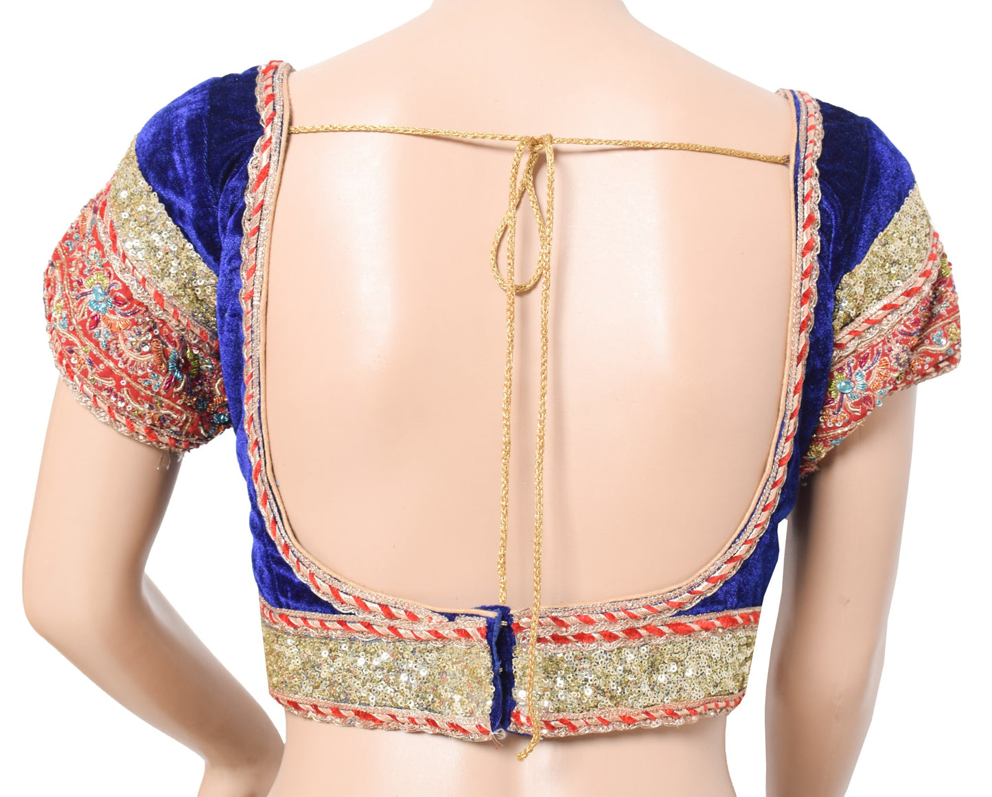 Sushila Vintage Velvet Blue Stitched Sari Blouse Hand Beaded Patch Work Choli34"