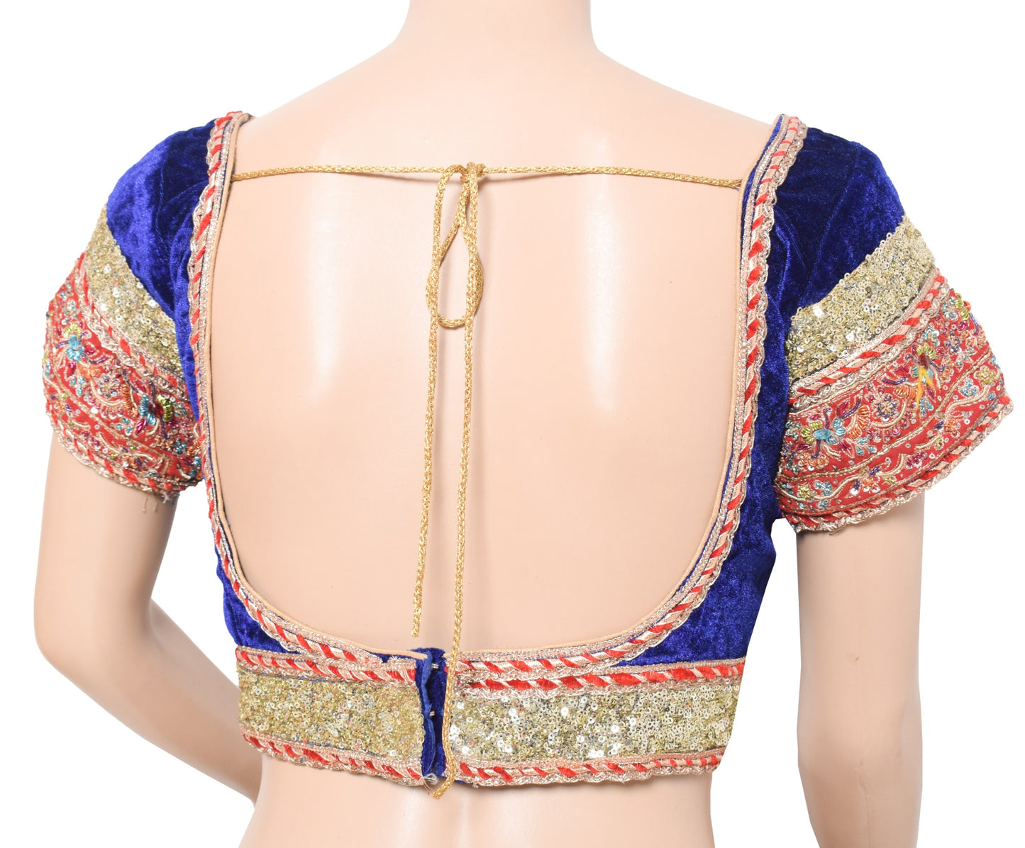 Sushila Vintage Velvet Blue Stitched Sari Blouse Hand Beaded Patch Work Choli34"