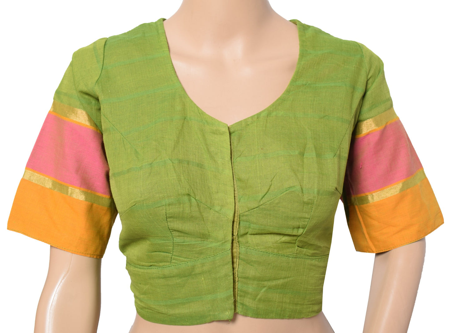 Sushila Vintage Readymade Green Sari Blouse Pure Cotton Woven Designer Choli 40"