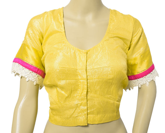 Sushila Vintage Readymade Yellow Sari Blouse Pure Silk Woven Designer Choli 44"