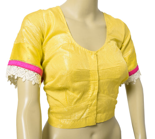 Sushila Vintage Readymade Yellow Sari Blouse Pure Silk Woven Designer Choli 44"
