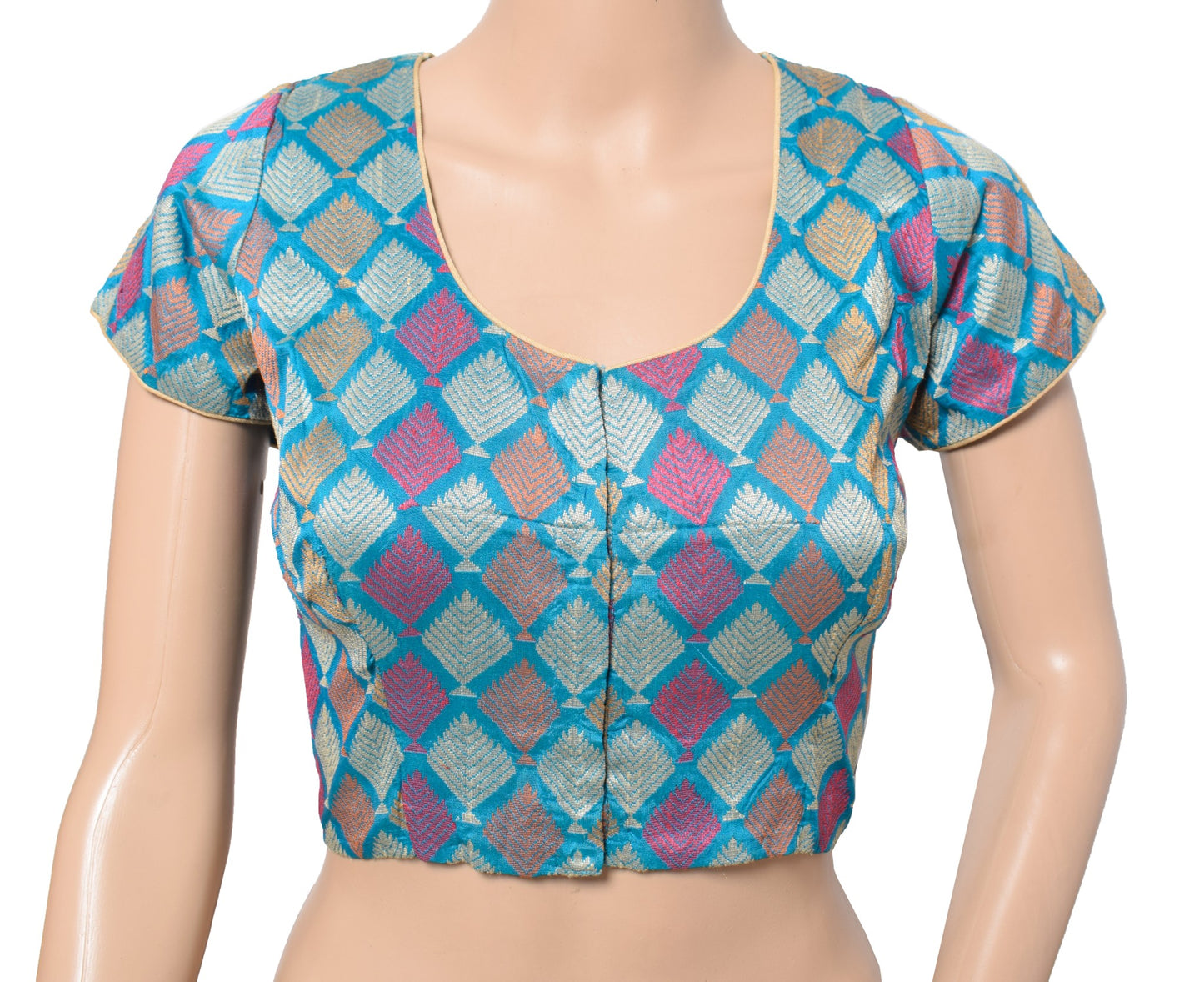 Sushila Vintage Readymade Woven Sari Blouse Blue Pure Silk Designer Choli 38"