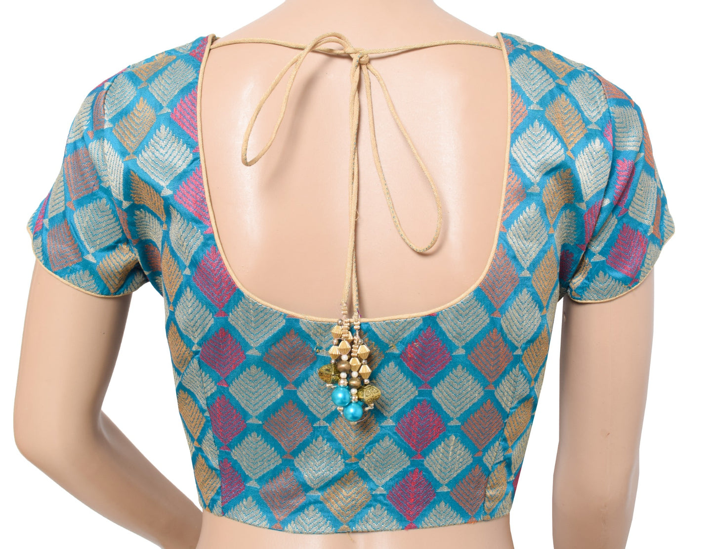 Sushila Vintage Readymade Woven Sari Blouse Blue Pure Silk Designer Choli 38"