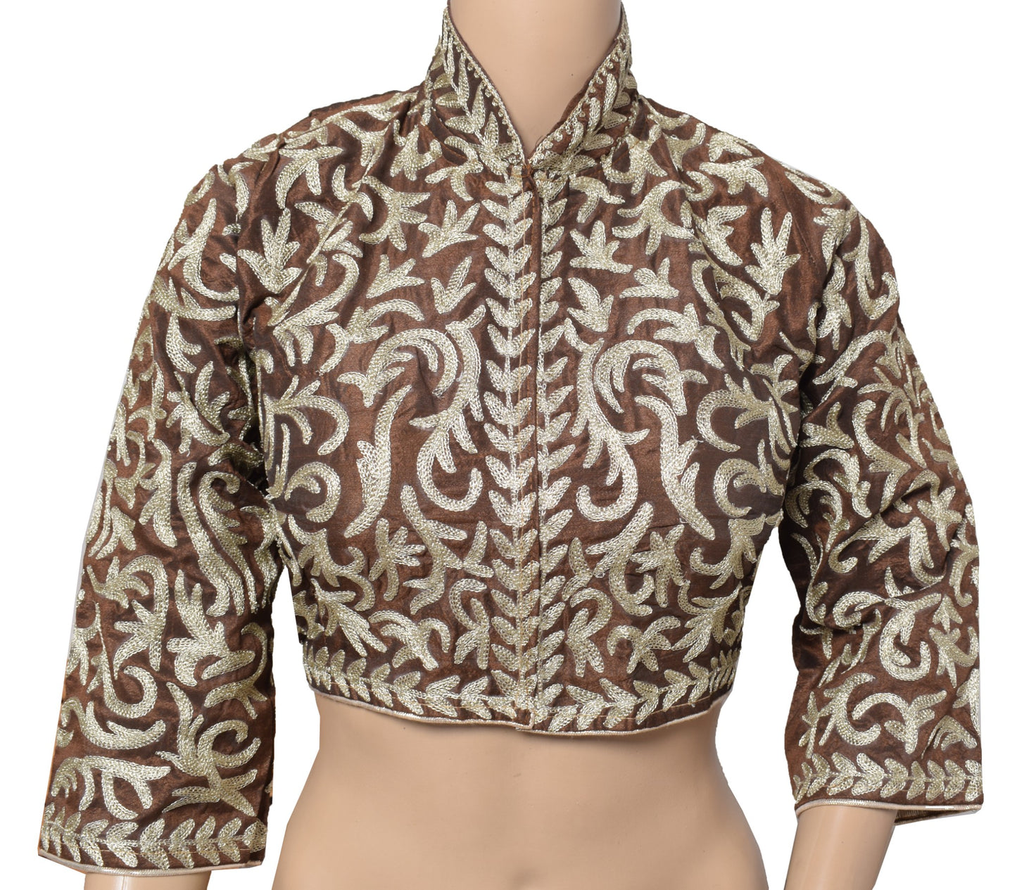 Sushila Vintage Brown Cropped Blouse with Long Sleeve Readymade Art Silk Top 38"