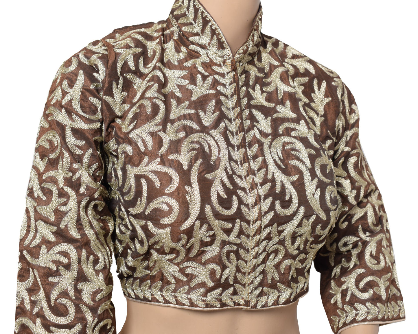 Sushila Vintage Brown Cropped Blouse with Long Sleeve Readymade Art Silk Top 38"