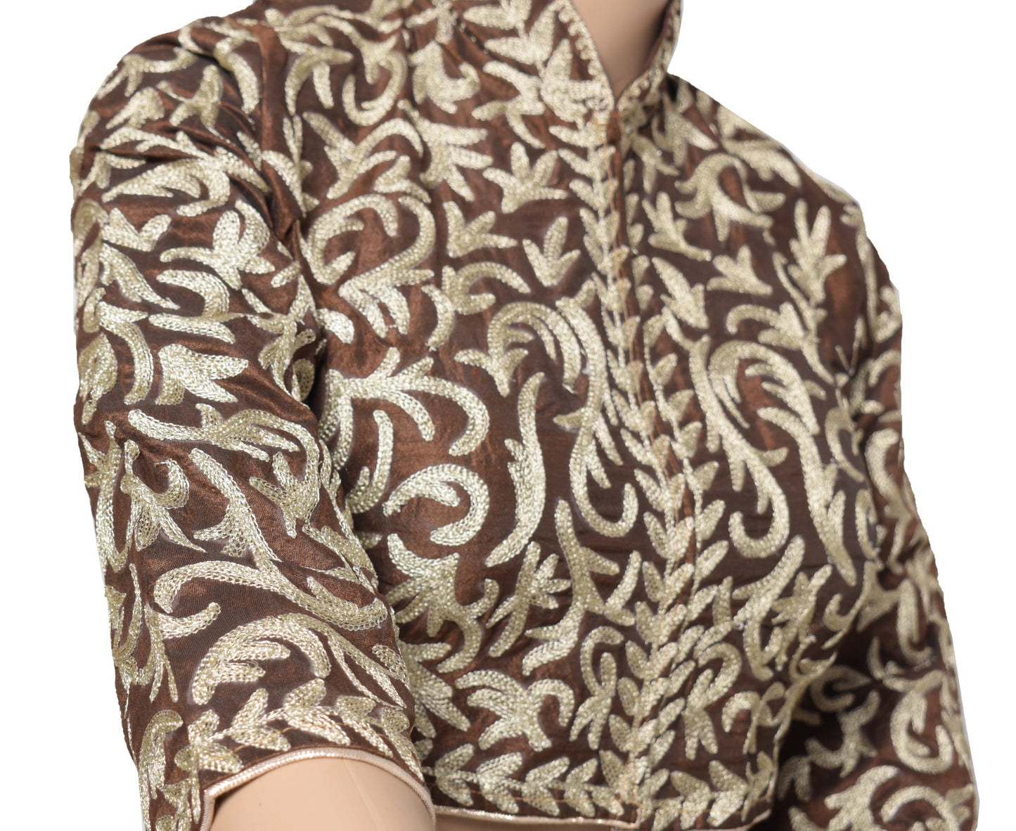 Sushila Vintage Brown Cropped Blouse with Long Sleeve Readymade Art Silk Top 38"