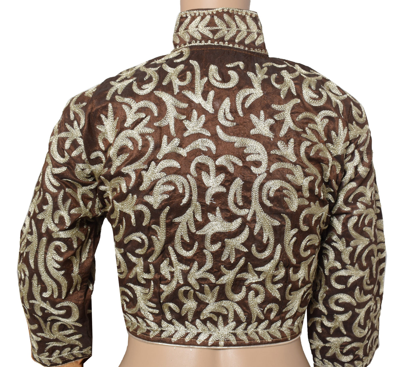 Sushila Vintage Brown Cropped Blouse with Long Sleeve Readymade Art Silk Top 38"