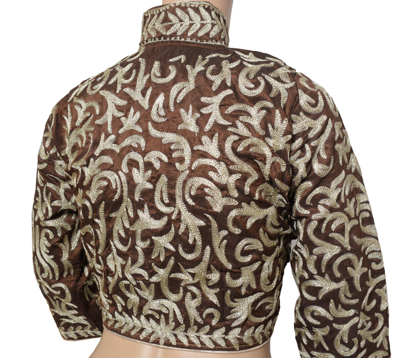 Sushila Vintage Brown Cropped Blouse with Long Sleeve Readymade Art Silk Top 38"