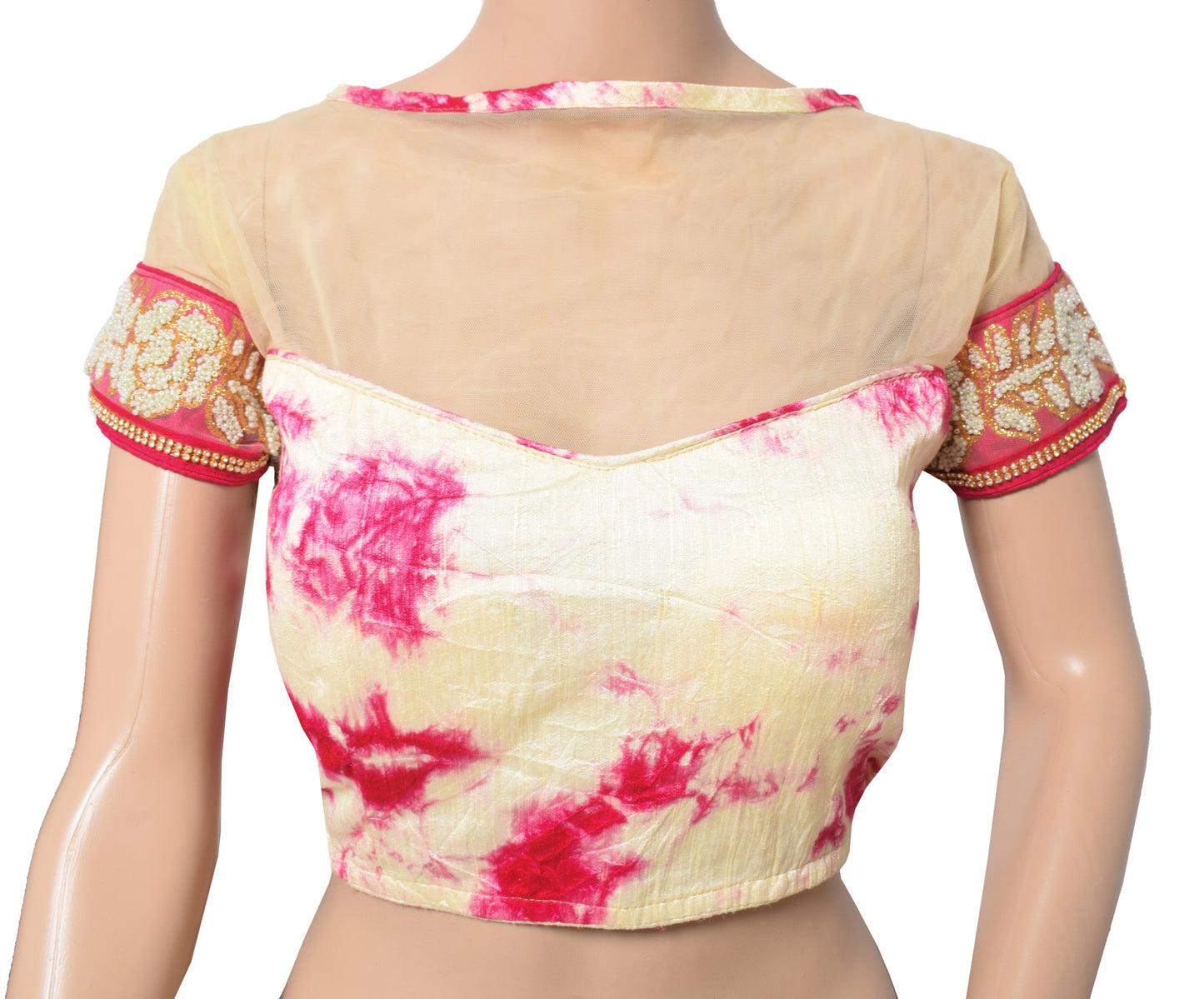 Sushila Vintage Batik Print Saree blouse Silk Cream and Magenta Designer Top 38"