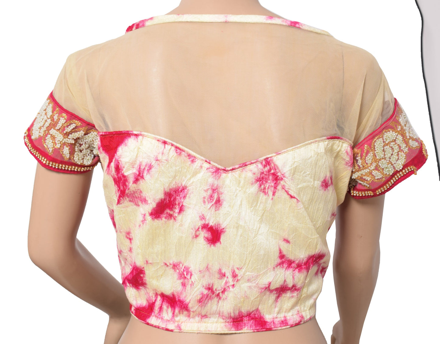 Sushila Vintage Batik Print Saree blouse Silk Cream and Magenta Designer Top 38"