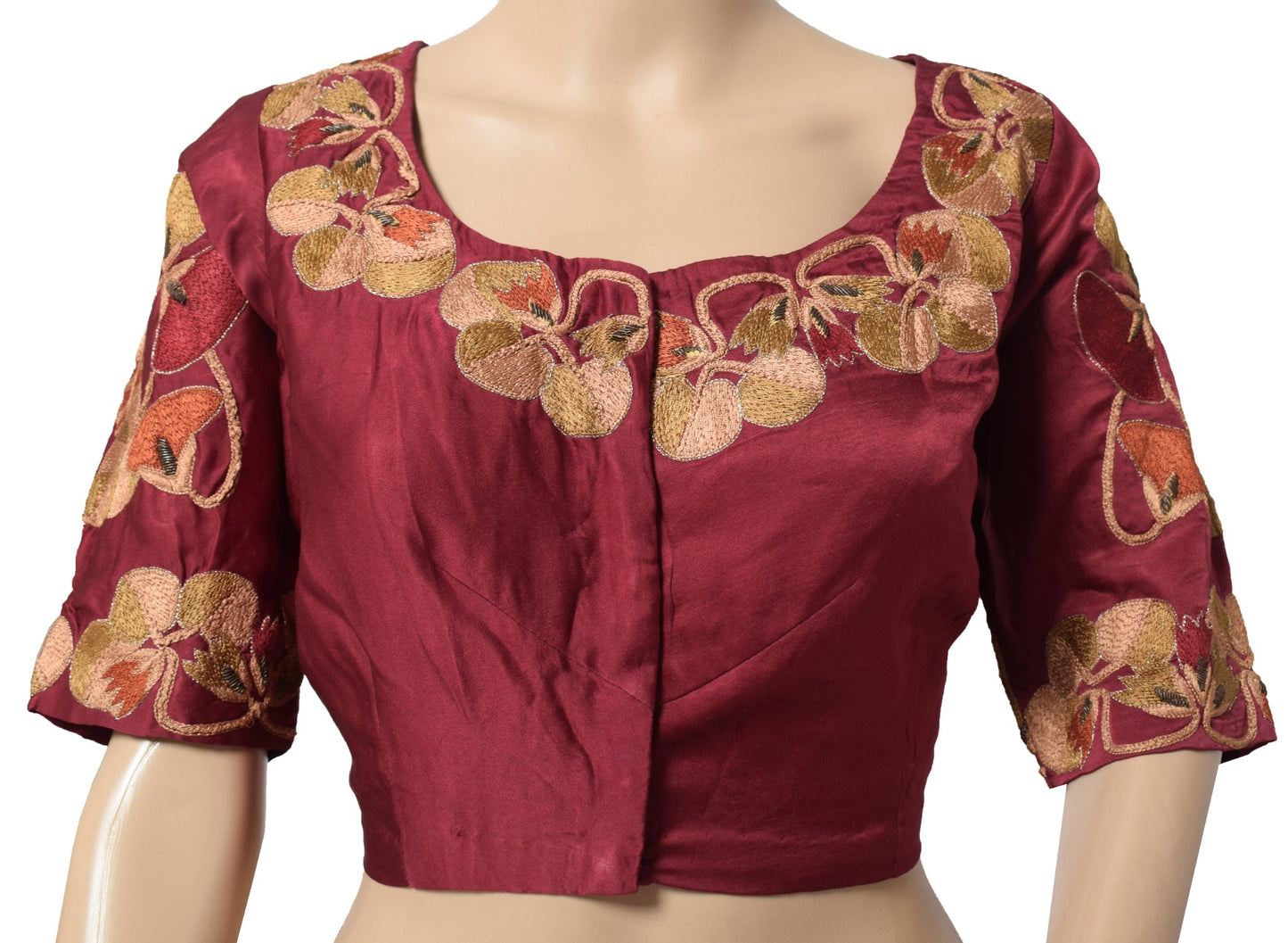 Sushila Vintage Readymade Embroidered Sari Blouse Pure Satin Maroon Choli 42"