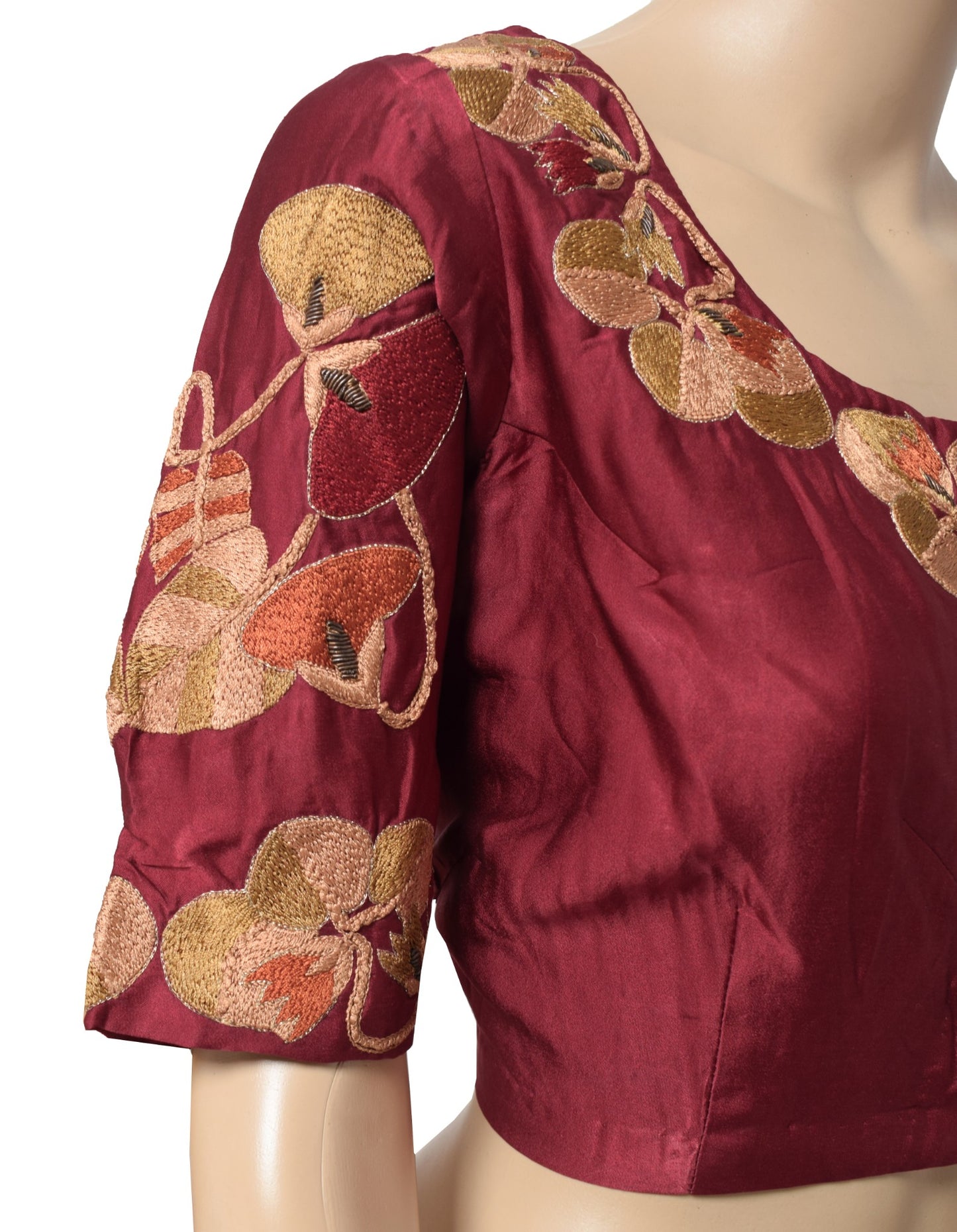 Sushila Vintage Readymade Embroidered Sari Blouse Pure Satin Maroon Choli 42"