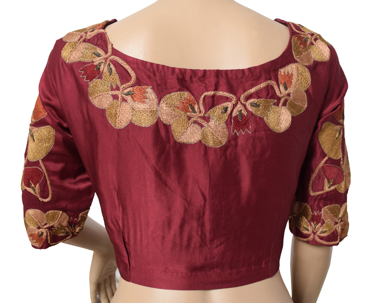 Sushila Vintage Readymade Embroidered Sari Blouse Pure Satin Maroon Choli 42"