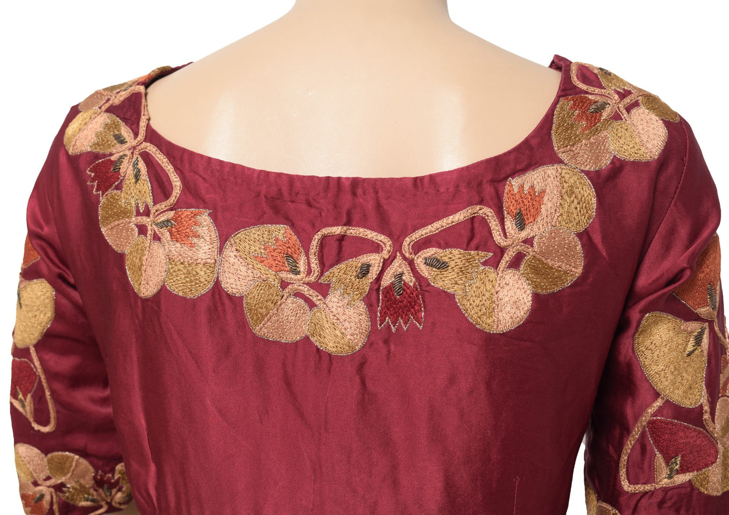 Sushila Vintage Readymade Embroidered Sari Blouse Pure Satin Maroon Choli 42"