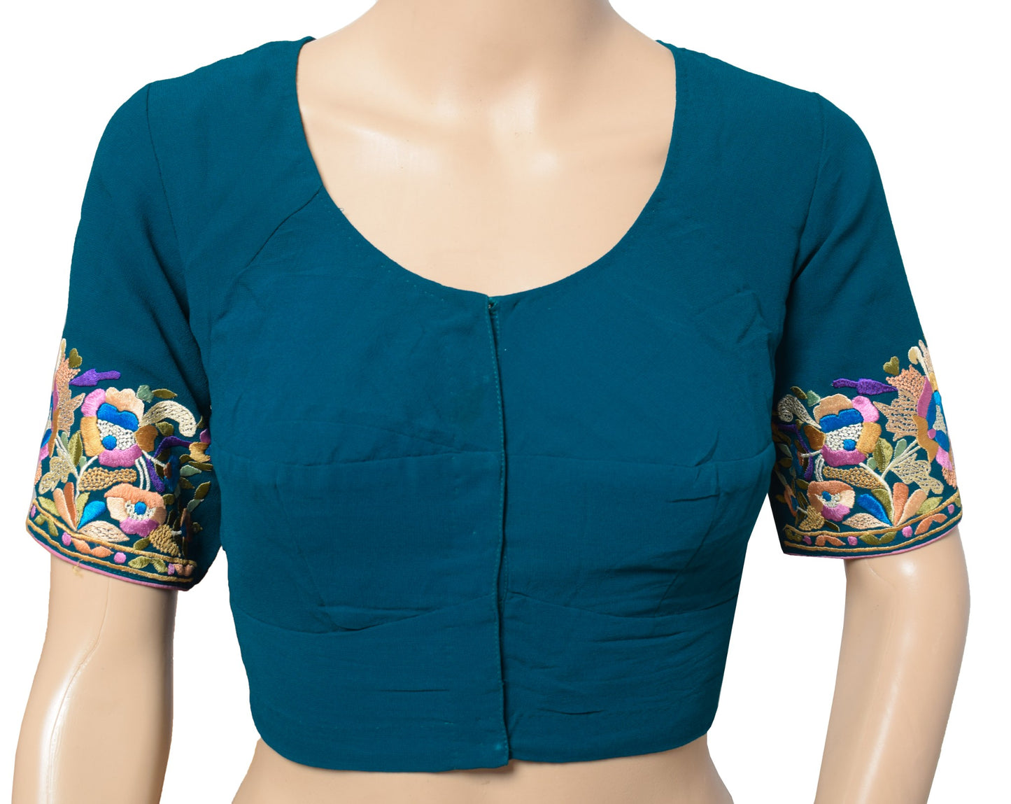 Sushila Vintage Teal Blue Stitch Sari Blouse Pure Georgette Embroidered Choli38"