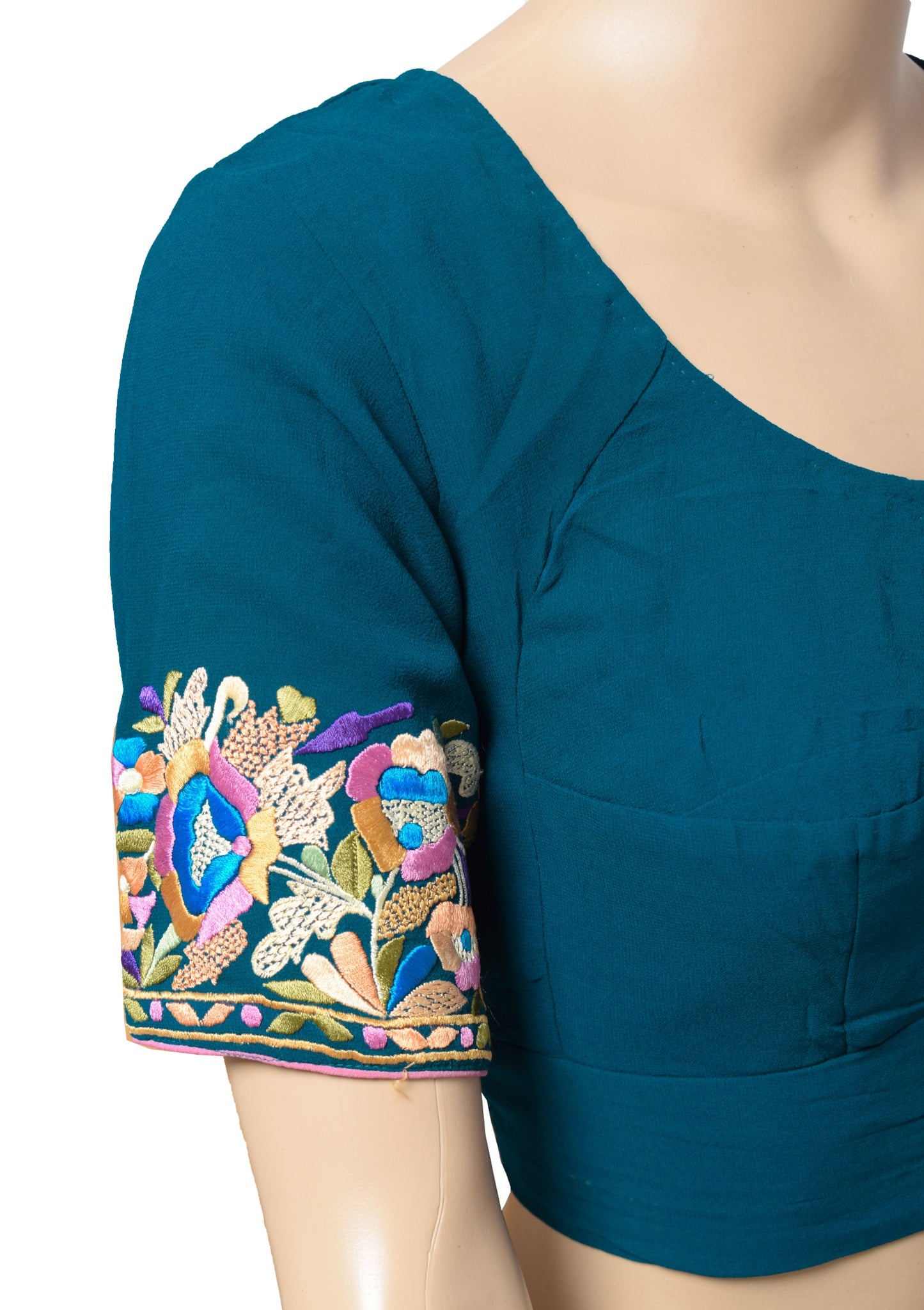 Sushila Vintage Teal Blue Stitch Sari Blouse Pure Georgette Embroidered Choli38"