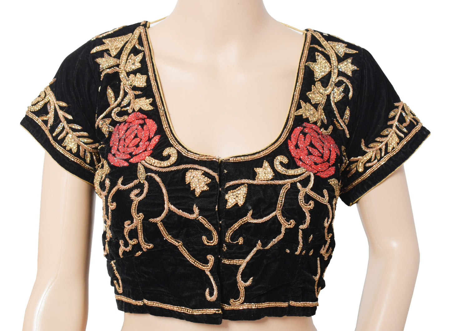 Sushila Vintage Velvet Black Sari Blouse Hand Beaded Zardozi Stitched Choli 34"