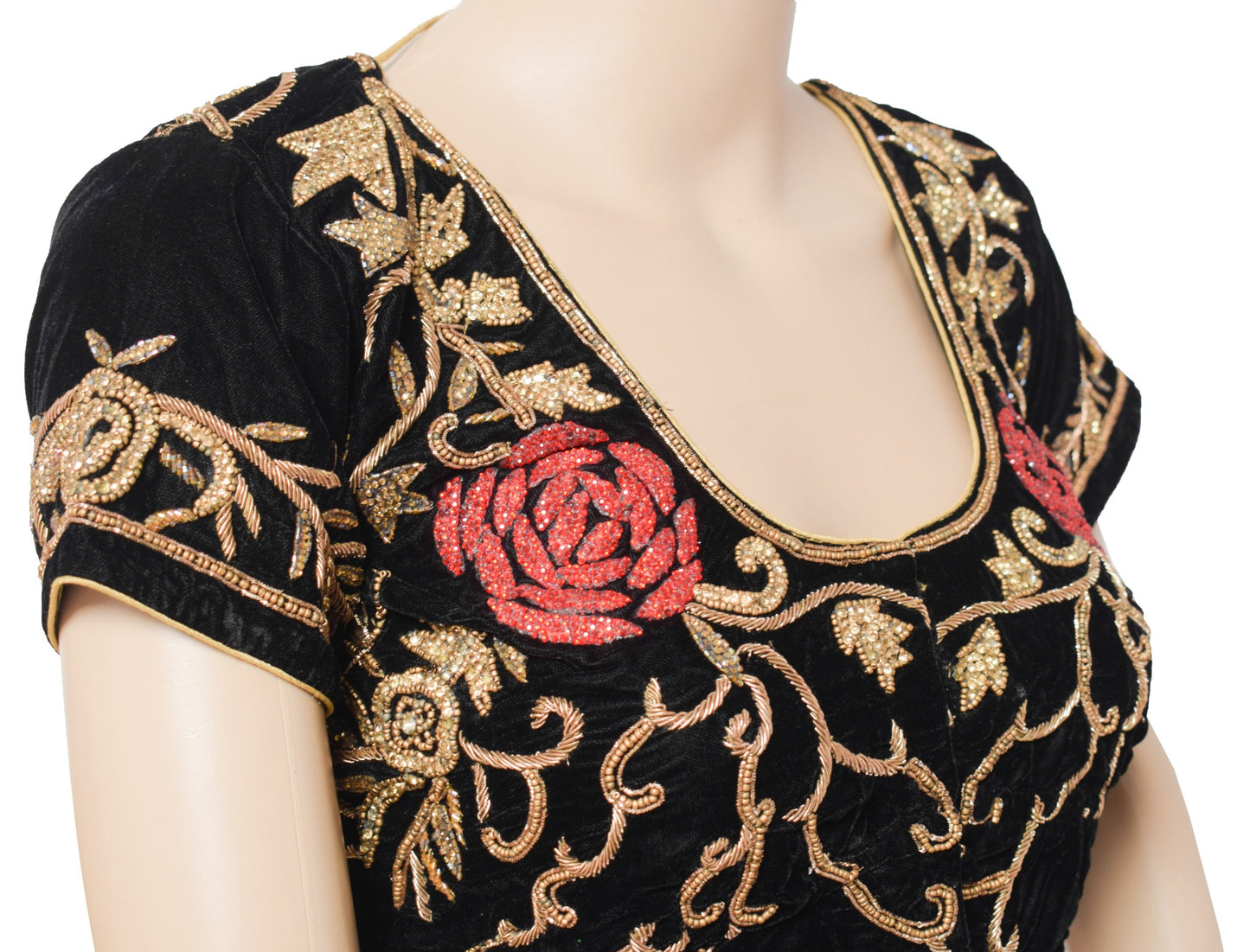 Sushila Vintage Velvet Black Sari Blouse Hand Beaded Zardozi Stitched Choli 34"