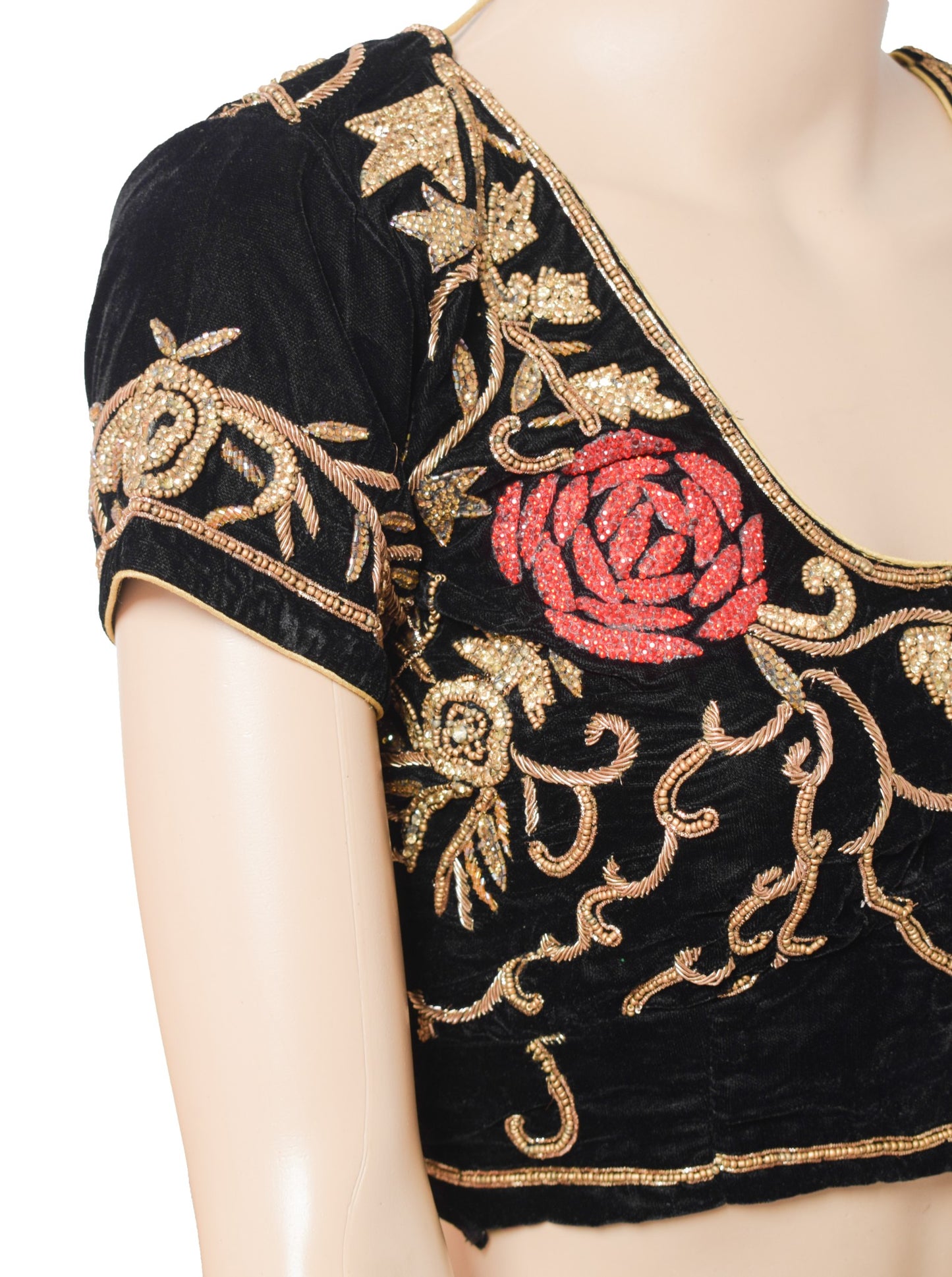 Sushila Vintage Velvet Black Sari Blouse Hand Beaded Zardozi Stitched Choli 34"
