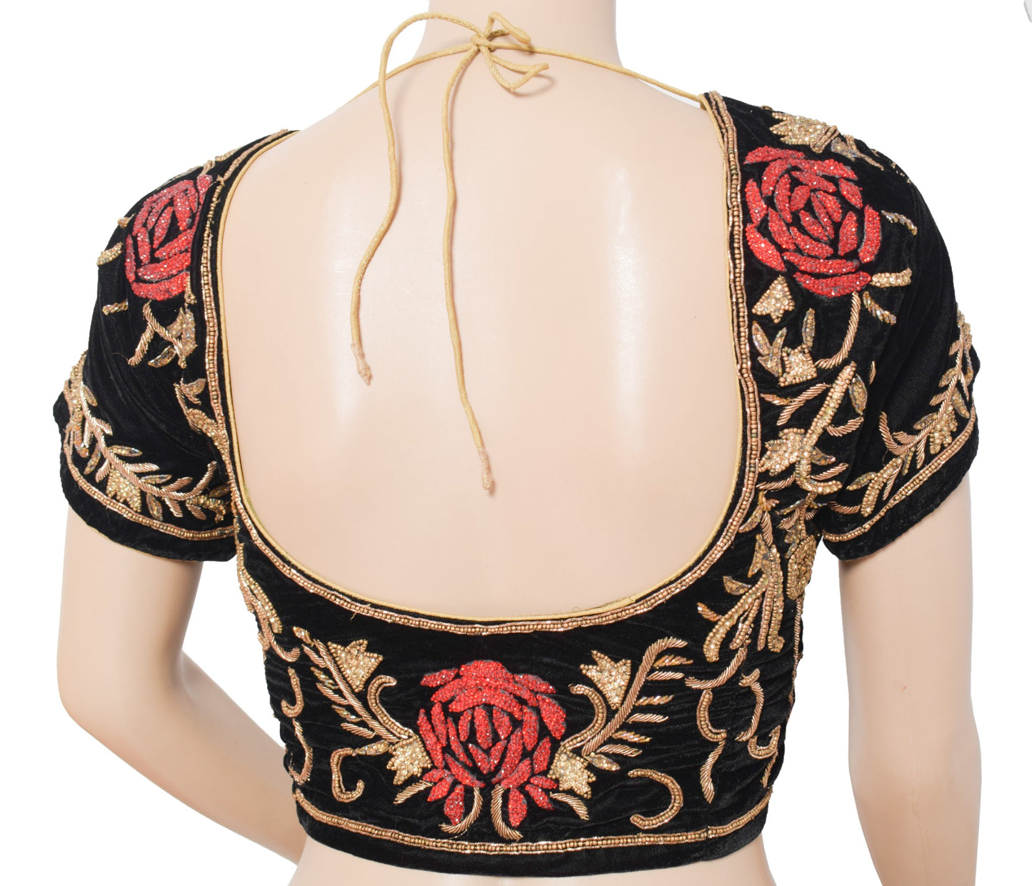 Sushila Vintage Velvet Black Sari Blouse Hand Beaded Zardozi Stitched Choli 34"