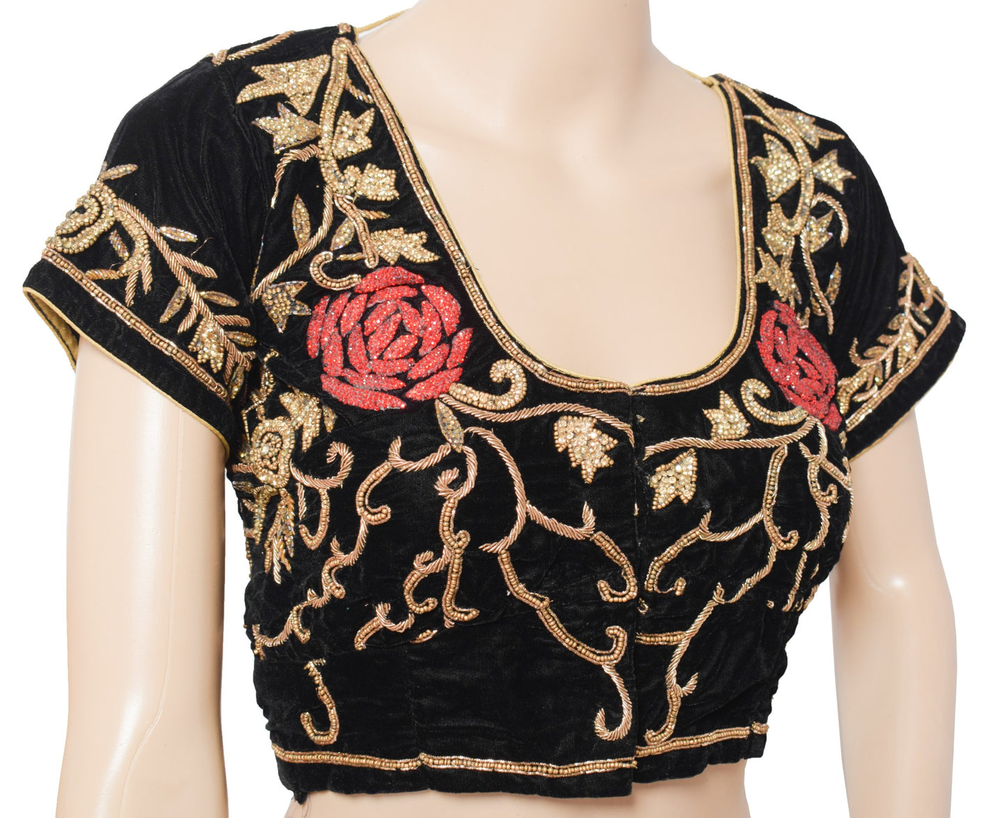 Sushila Vintage Velvet Black Sari Blouse Hand Beaded Zardozi Stitched Choli 34"