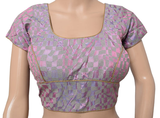 Sushila Vintage Pink Grey Blouse Self-Design Readymade Pure Silk Padded Top 38"
