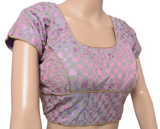 Sushila Vintage Pink Grey Blouse Self-Design Readymade Pure Silk Padded Top 38"