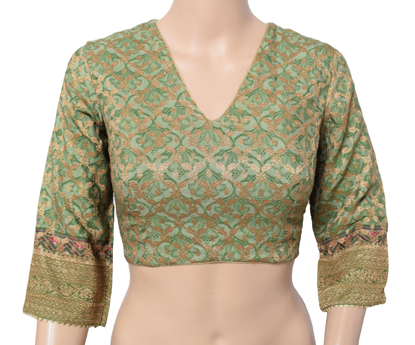 Sushila Vintage Readymade Green Sari Blouse Pure Crepe Woven Printed Choli 34"