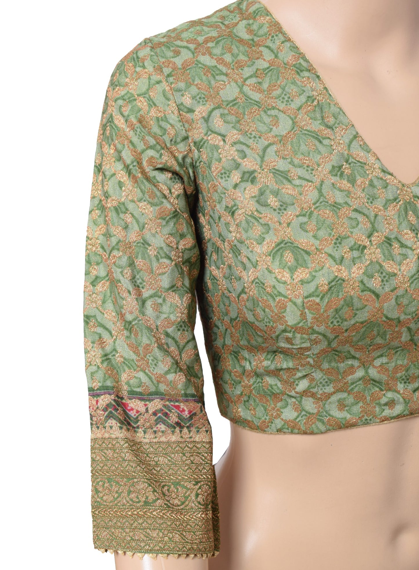 Sushila Vintage Readymade Green Sari Blouse Pure Crepe Woven Printed Choli 34"