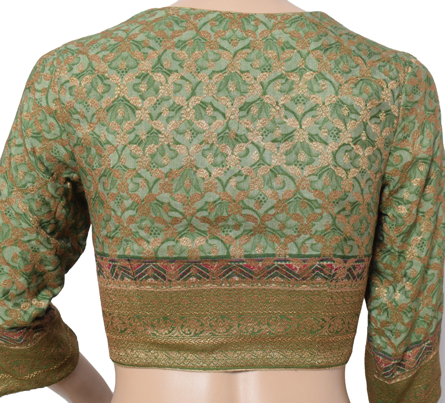 Sushila Vintage Readymade Green Sari Blouse Pure Crepe Woven Printed Choli 34"