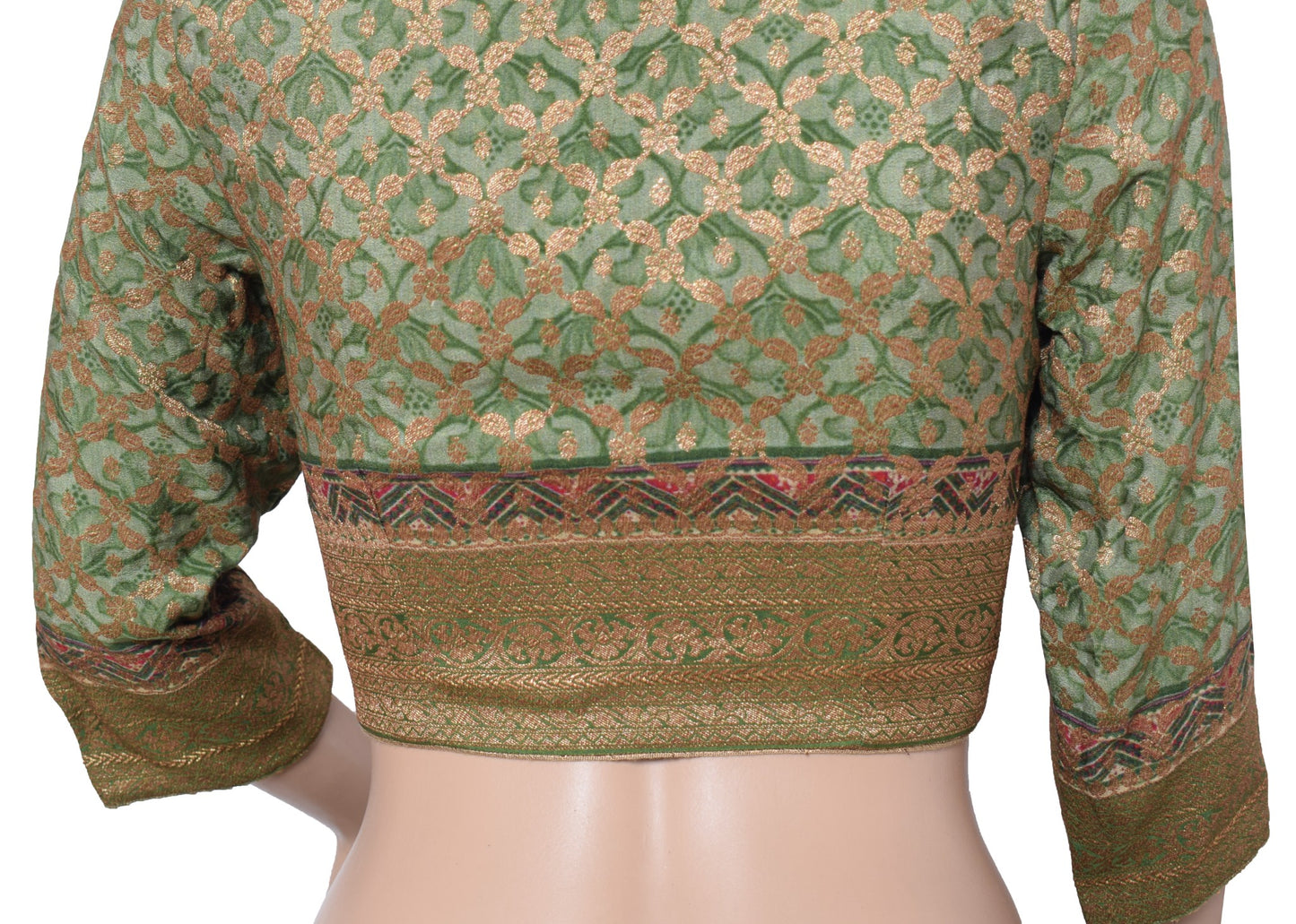 Sushila Vintage Readymade Green Sari Blouse Pure Crepe Woven Printed Choli 34"