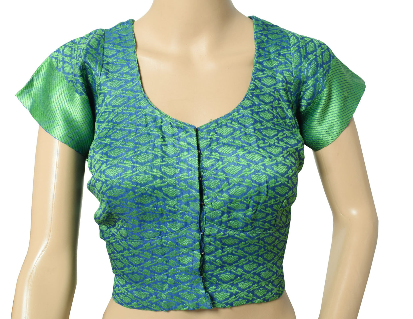 Sushila Vintage Readymade Blue Sari Blouse Pure Silk Woven Floral Choli Top 44"
