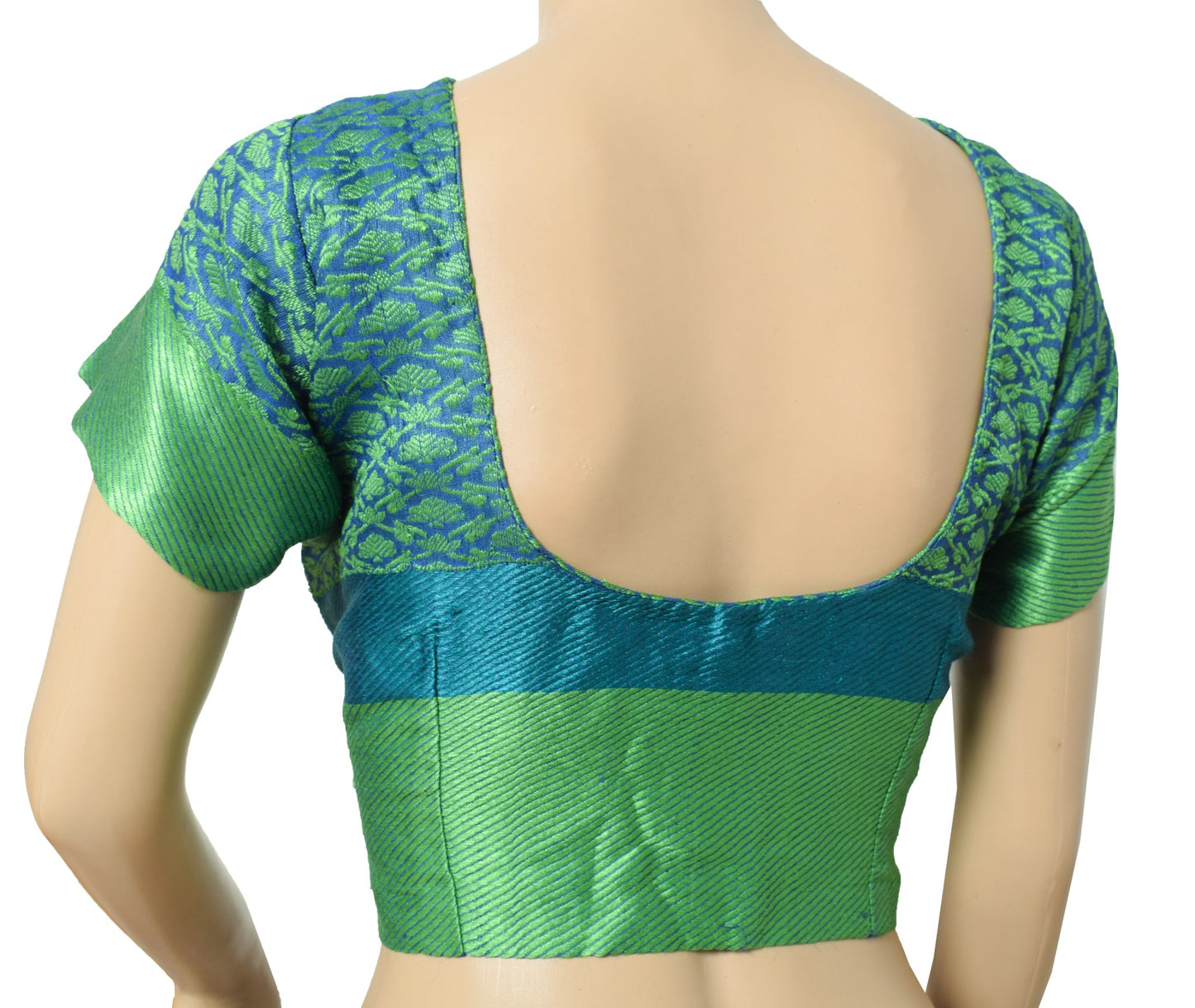 Sushila Vintage Readymade Blue Sari Blouse Pure Silk Woven Floral Choli Top 44"