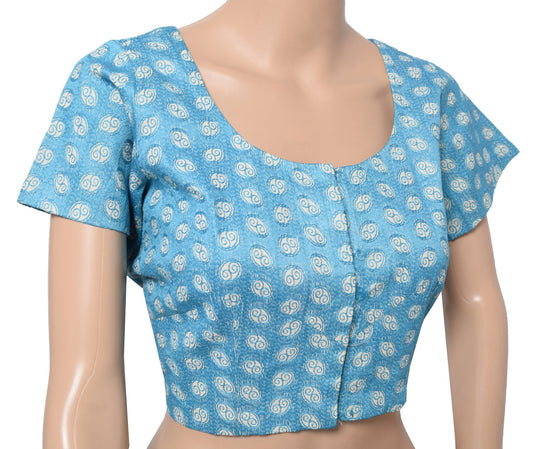 Sushila Vintage Aqua Blue Stitched Sari Blouse Embroidered Cotton Choli Top 42"