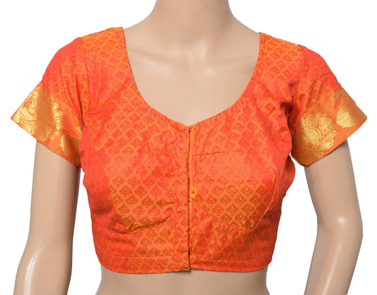 Sushila Vintage Readymade Orange Sari Blouse Art Silk Woven Designer Choli 34"
