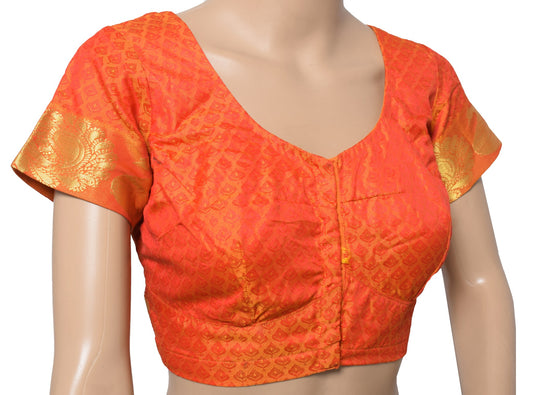 Sushila Vintage Readymade Orange Sari Blouse Art Silk Woven Designer Choli 34"