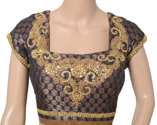 Sushila Vintage Readymade Dark Blue Sari Blouse Art Silk Woven Designer Top 36"