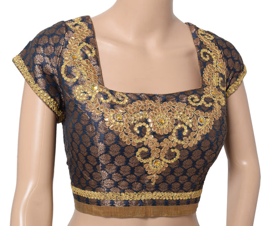Sushila Vintage Readymade Dark Blue Sari Blouse Art Silk Woven Designer Top 36"