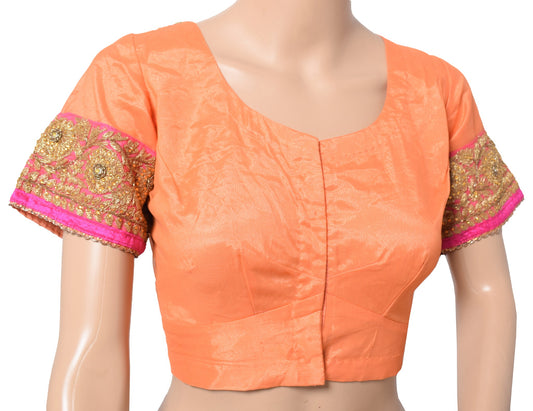 Sushila Vintage Heavy Embroidered Sari Blouse Net Peach Designer Stitched Top38"