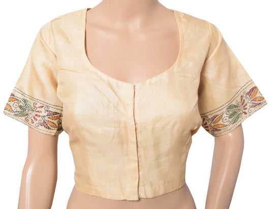 Sushila Vintage Cream Stitched Sari Blouse Pure Tussar Hand Embroidered Choli42"
